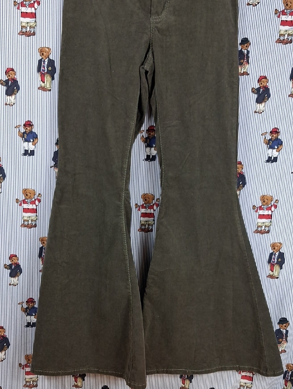 Women's High Rise Fitted Corduroy Big Bell Flare Out Olive Green Boho Pants Sz26 - Picture 4 of 7